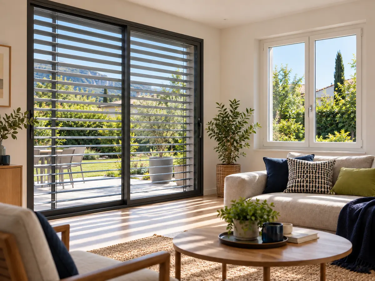 Illustration de brise-soleil orientables sur de grandes baies