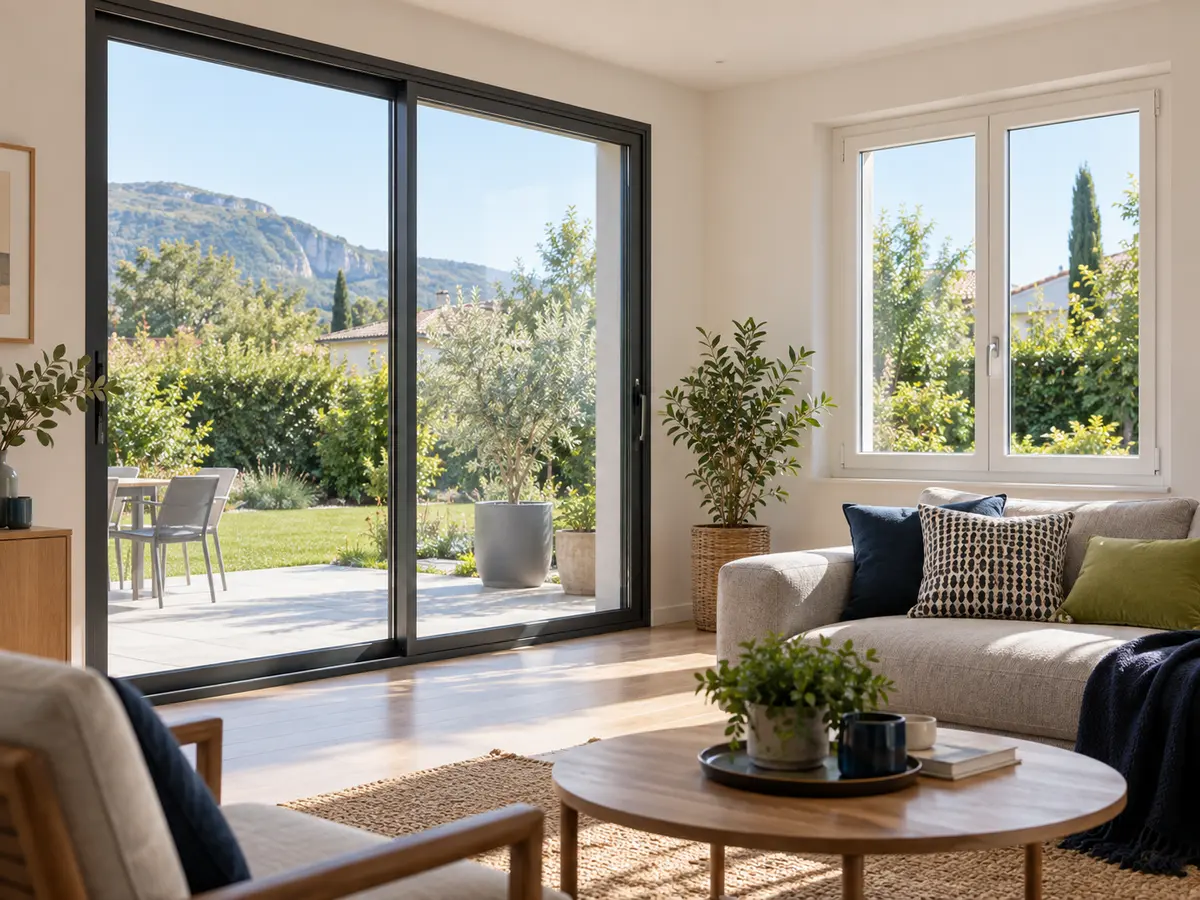Illustration de fenêtres aluminium anthracite et PVC blanc dans un intérieur lumineux