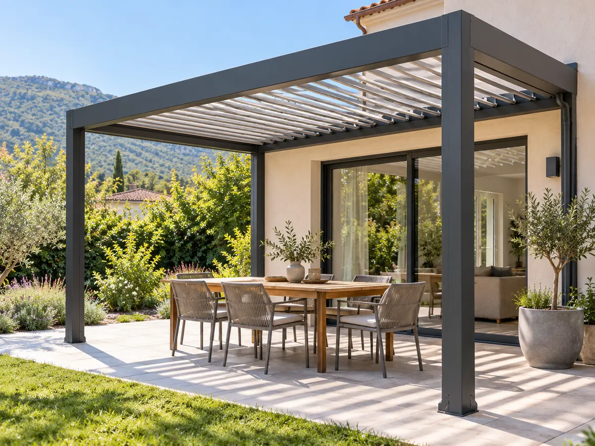Illustration d’une pergola bioclimatique sur une terrasse